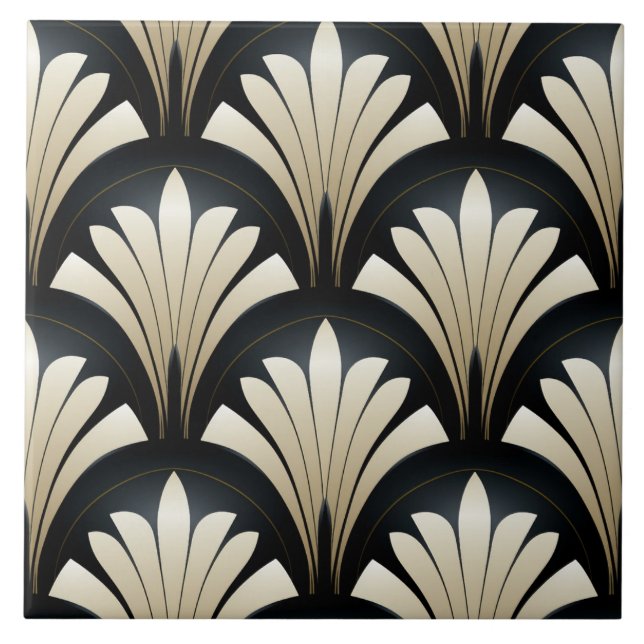 Art Deco Mönster, Black and Beige Löv Kakelplatta (Framsidan)