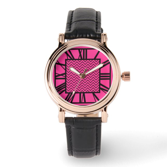Art Deco Mönster, fuchsia rosa Armbandsur (Framsida)