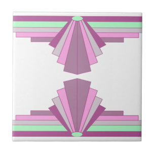 Art Deco Mönster i Rosa och Grönt Kakelplatta
