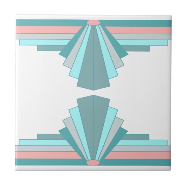Art Deco Mönster i Teal & Peach Kakelplatta (Framsidan)