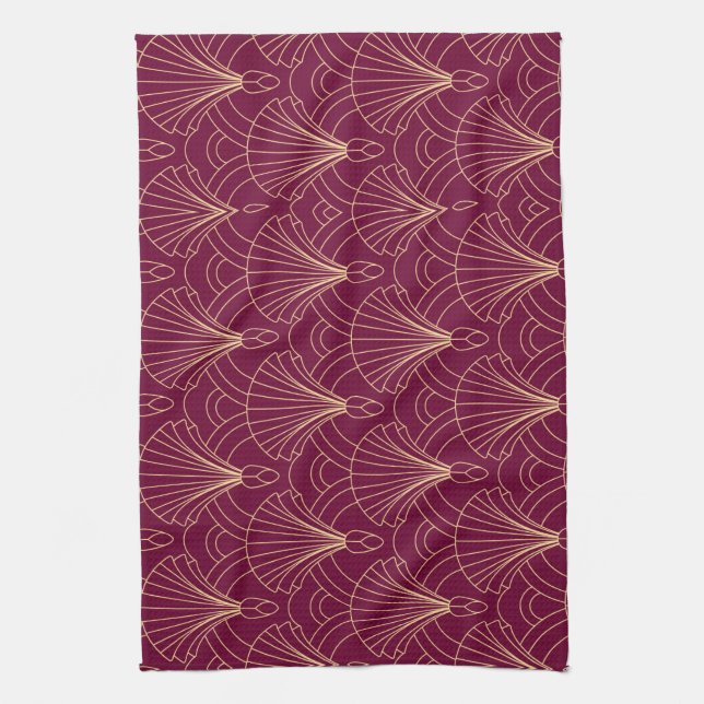 Art Deco-mönster med geometriska fläktmotiv i guld Kökshandduk (Vertikal)