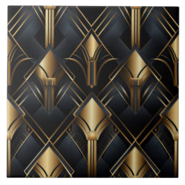 Art Deco Mönster, metalleffekt, svart och guld Kakelplatta