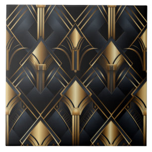 Art Deco Mönster, metalleffekt, svart och guld Kakelplatta