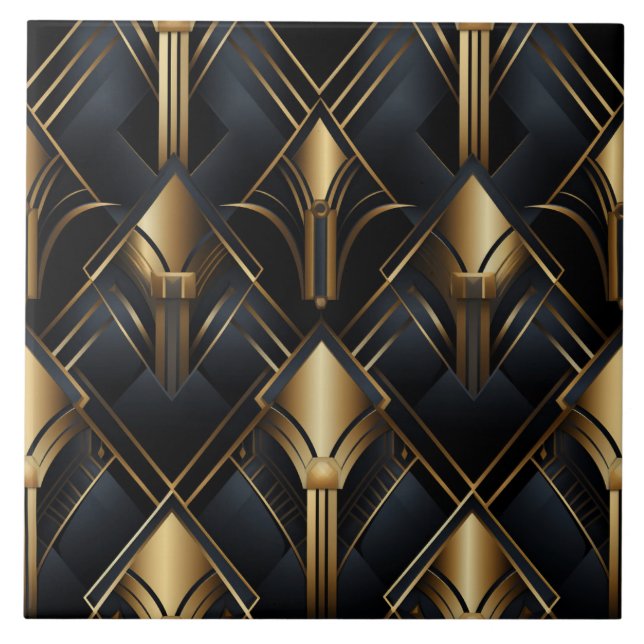 Art Deco Mönster, metalleffekt, svart och guld Kakelplatta (Framsidan)