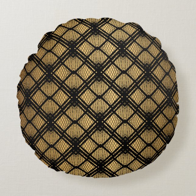 Art Deco Mönster. Sömlös svart och guld bakgrus Rund Kudde (Framsidan)