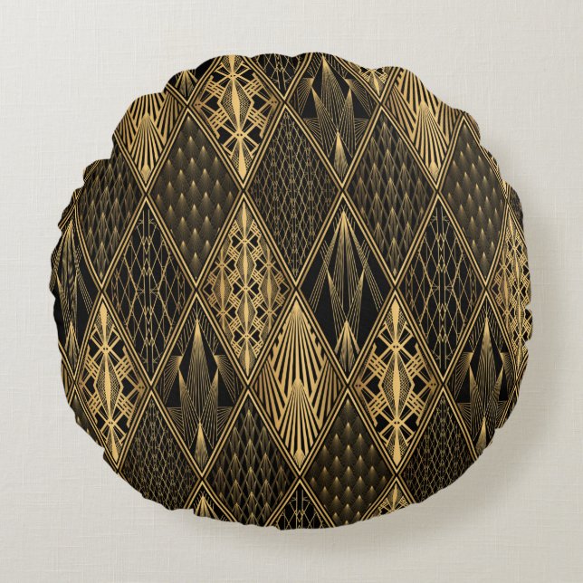 Art Deco Mönster. Sömlös svart och guld bakgrus Rund Kudde (Framsidan)