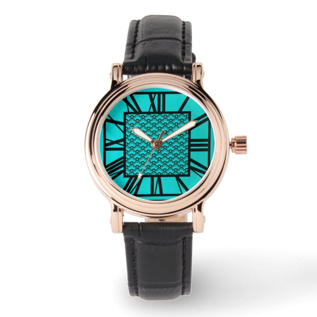 Art Deco-mönster, turkos / påfågel Armbandsur (Framsida)