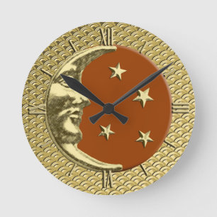 Art Deco Moon and Stars, Rust Brown and Gold Rund Klocka