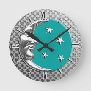 Art Deco Moon and Stars, Turquoise and Silver Rund Klocka
