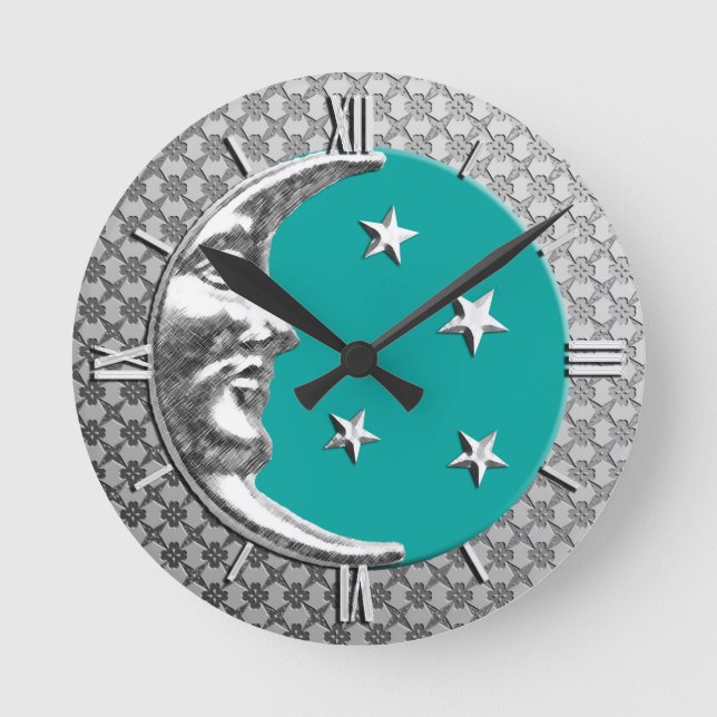 Art Deco Moon and Stars, Turquoise and  Silver Rund Klocka (Framsida)