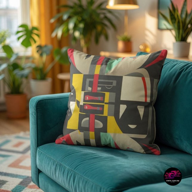 Art Deco möter Mid-Century Modern Kudde (Mid-Century Modern color meets bold Art Deco geometry in one striking accent pillow.)