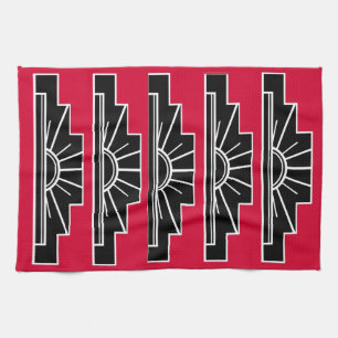 Art Deco Motif i B&W och Red Tea Towel Kökshandduk