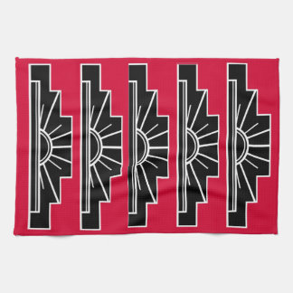 Art Deco Motif i B&W och Red Tea Towel Kökshandduk