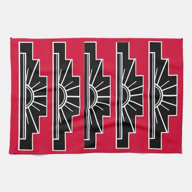 Art Deco Motif i B&W och Red Tea Towel Kökshandduk (Horisontell)