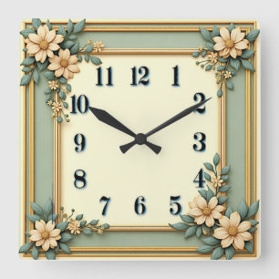 Art Deco Mynt Blomma Fyrkantig Klocka