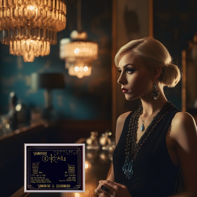 Art Deco Namnteckning Pub-signering för Bröllop-si Poster (Art Deco Signature Cocktails Wedding Sign Bar Sign Unique Elegant 1920s Vintage Gatsby Wedding)
