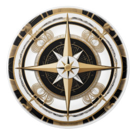 Art Deco Nautical Compass Ro Black White Guld Knopp