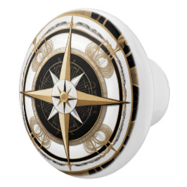 Art Deco Nautical Compass Ro Black White Guld Knopp