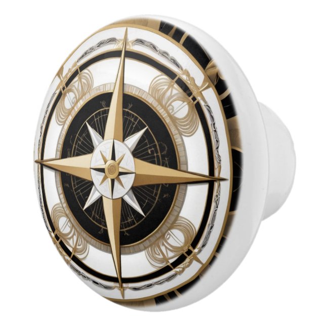 Art Deco Nautical Compass Ro Black White Guld Knopp (Höger)
