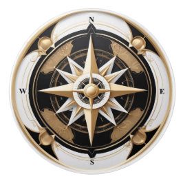 Art Deco Nautical Compass Ro Black White Guld Knopp