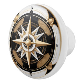 Art Deco Nautical Compass Ro Black White Guld Knopp