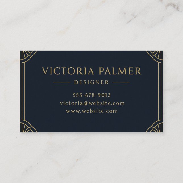 Art Deco Navy and Gold Luxury Business Card Visitkort (Framsida)