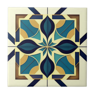 Art Deco Navy Blommigt Kakelplatta