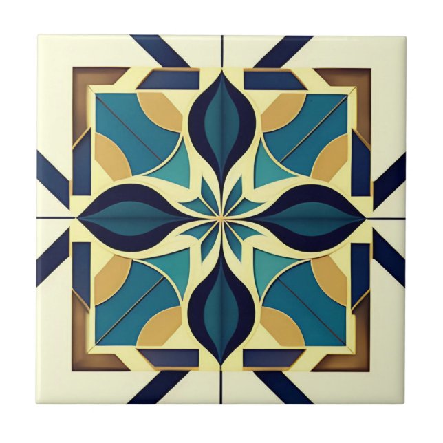 Art Deco Navy Blommigt Kakelplatta (Framsidan)