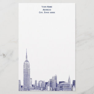 Art Deco Navy Blue NYC Skyline Etch 01 Stationery Brevpapper
