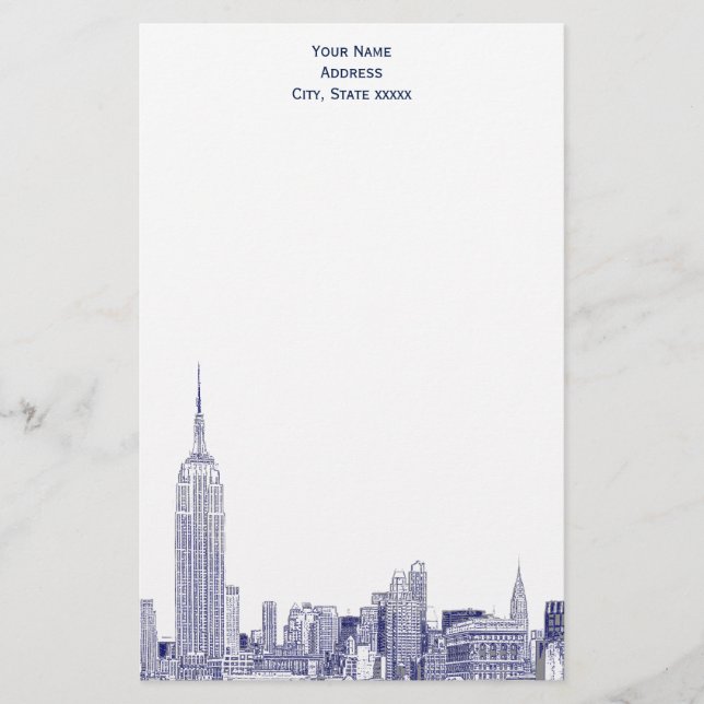 Art Deco Navy Blue NYC Skyline Etch 01 Stationery Brevpapper (Framsida)
