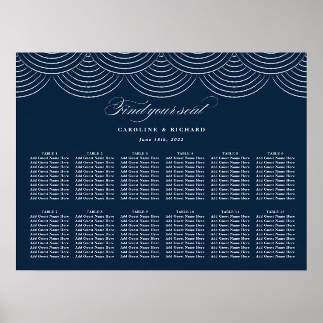 Art Deco Navy Blue Silver Bröllop Sittdiagram Poster (Framsidan)