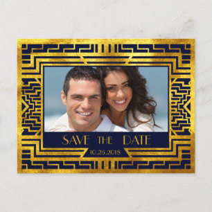 Art Deco Navy Guld Geometrisk Modern Spara Datum Meddelande Vykort