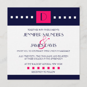 Art Deco Navy Rosa Monogram D bröllopsinbjudningar Inbjudningar