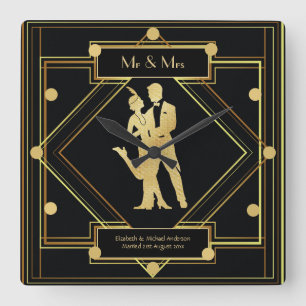 Art Deco Newlyweds 1920-talet, par Black Guld Anpa Fyrkantig Klocka