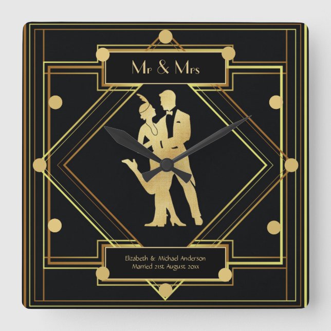 Art Deco Newlyweds 1920-talet, par Black Guld Anpa Fyrkantig Klocka (Framsida)