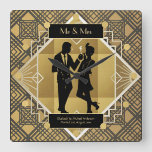 Art Deco Newlyweds 1920-talet, par Black Guld Anpa Fyrkantig Klocka