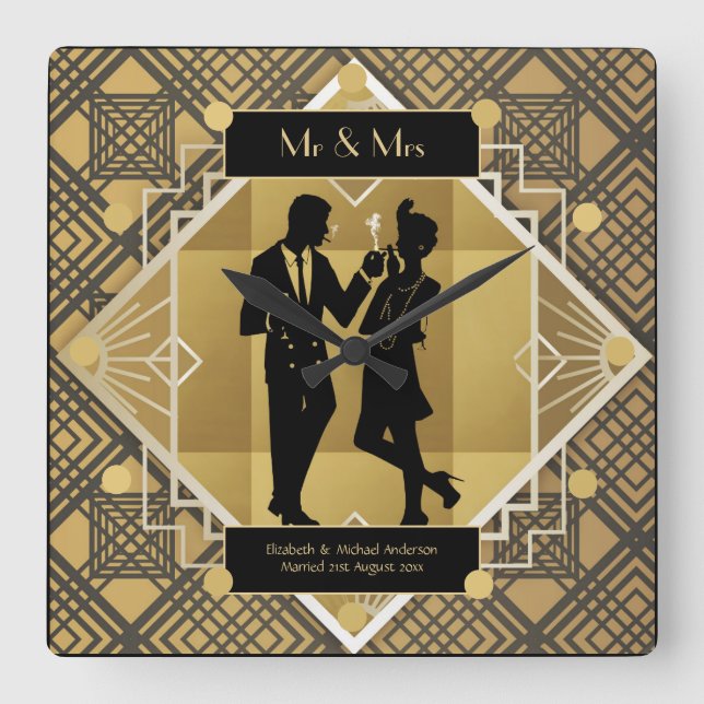 Art Deco Newlyweds 1920-talet, par Black Guld Anpa Fyrkantig Klocka (Framsida)