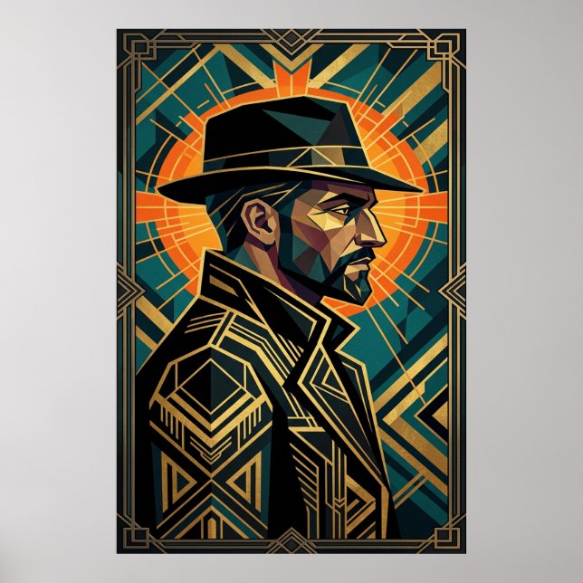 Art Deco Noir Detective Fedora Profile Gold  Poster (Framsidan)