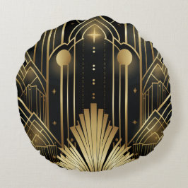 Art Déco Noir et Or - Élégance Vintage Géométrique Rund Kudde