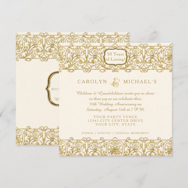 Art Deco Nouveau 50-årsjubileum Krämfärgad Inbjudningar (Fram/baksida)