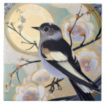 Art Deco Nouveau Bird på Gren Muted Blommigt Kakelplatta<br><div class="desc">"Svart och vit fågelkonst",  "vilt i gren",  "muterade blommor i träd blommar",  "blommigt blommor blommar i orientalform",  "mint guld pastel sakura",  "contemporary gustav klimt inspirerad",  "dekorativ konst deco nouveau",  "luxurious vackra asian pastel",  "snyggt grått arty botanical". neutralt grått chinese japanese"</div>
