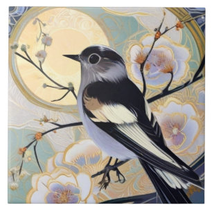 Art Deco Nouveau Bird på Gren Muted Blommigt Kakelplatta