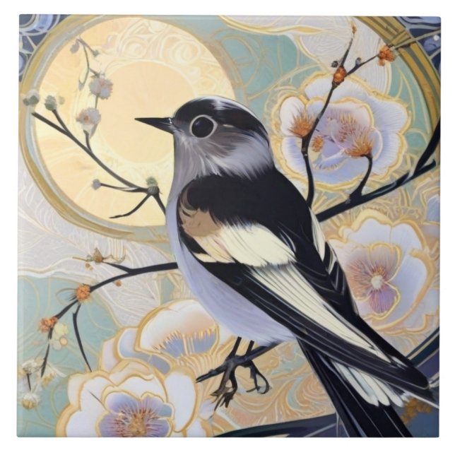 Art Deco Nouveau Bird på Gren Muted Blommigt Kakelplatta (Framsidan)