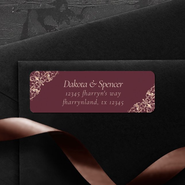 Art Deco Nouveau | Burgundy Ro Guld Adress Returadress Etikett (Skapare uppladdad)