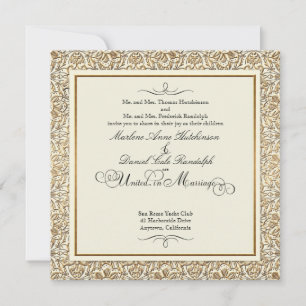 Art Deco Nouveau Falsk Guld Blommig Damask Broderi Inbjudningar