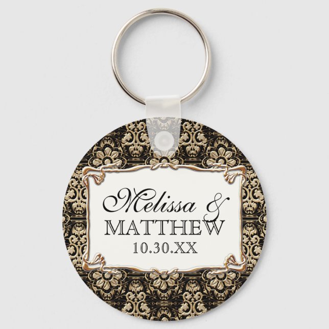 Art Deco Nouveau Faux Guld Blommigt Damask Snöre Nyckelring (Framsida)