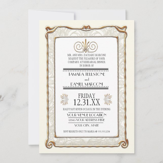 Art Deco Nouveau Gatsby Guld Rehearsal Dinner Inbjudningar (Framsida)