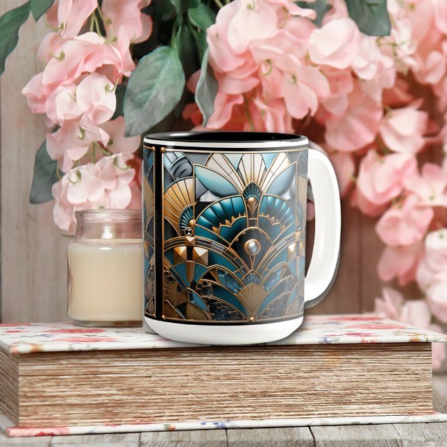 Art Deco Nouveau Guld Teal Black Två-Tonad Mugg (Skapare uppladdad)