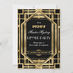 Art Deco Nouveau Murder Myasty Party Guld Black Inbjudningar