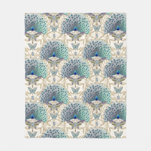 Art Deco Nouveau Peacock Butterfly Ivory och Guld Fleecefilt (Framsidan)